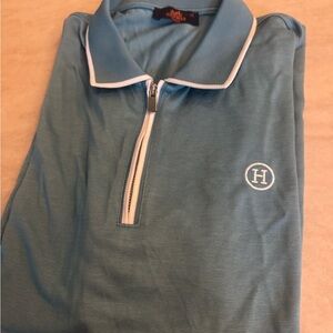 Hermes Teal Half-Zip Polo with White Trim